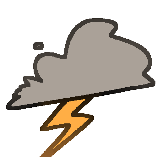 a grey cumulus-style cloud with an orange lightning bolt coming from it.